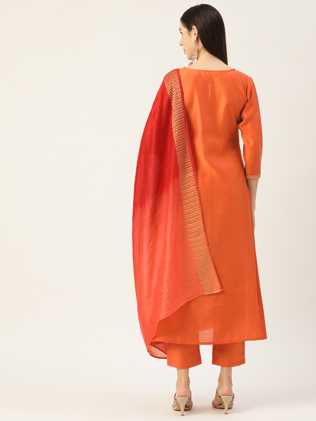 Orange Coloured Chanderi Silk Bandhani printed Round Neck 3/4 Sleeves –  Royskart