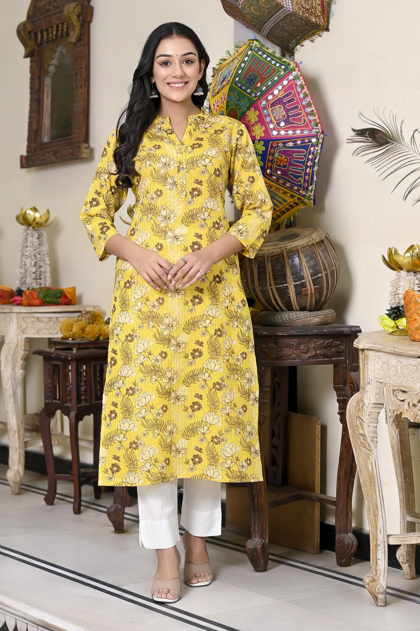 Buy Femeone Women Yellow Cotton Kurti with Chikan lace Work Pant Set - XL  Online at Best Prices in India - JioMart.